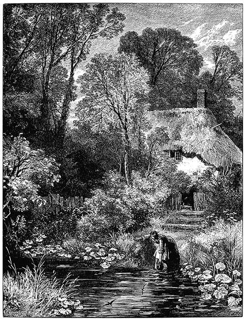 A woman fills a jug at a pond surrounded by luxuriant vegetation at a thatched cottage.