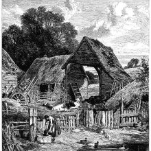 A farm-yard with sheds, a few cows, a small pond with ducks, and a water pump