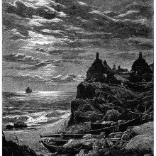 Night landscape showing a creek on a rocky seafront with small fishing boats