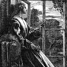 A woman reclining by a half-open window looks thoughtfully at the evening landscape