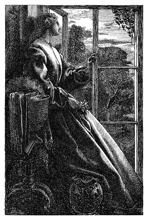 A woman reclining by a half-open window looks thoughtfully at the evening landscape