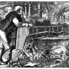 A man leans on a stone by a stream and smokes his pipe, smiling as he gazes in the distance