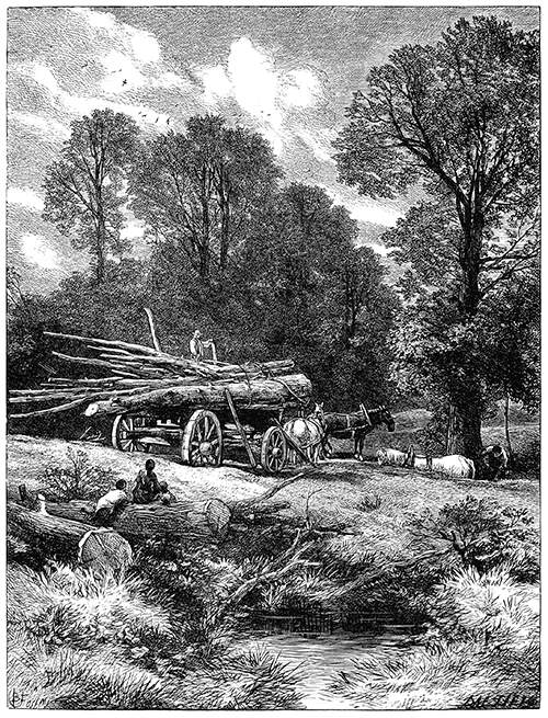 A wood wain is in a clearing with its load of tree-trunks and seems to be getting ready to go