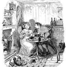 A man and a woman are sitting at a table and having tea by the fireplace
