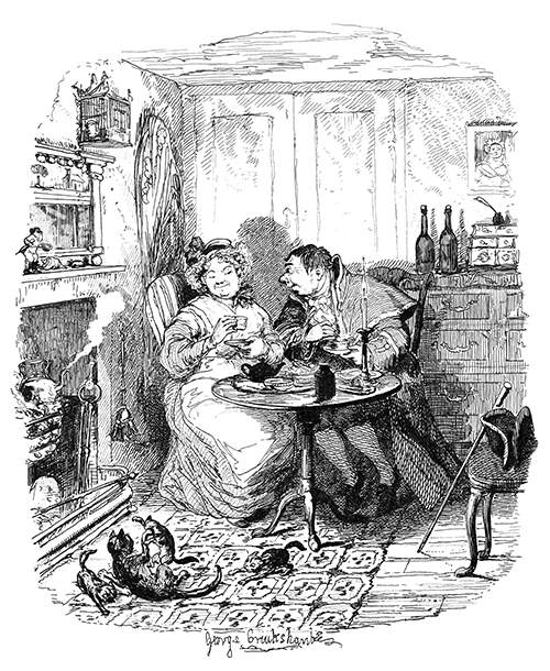 A man and a woman are sitting at a table and having tea by the fireplace