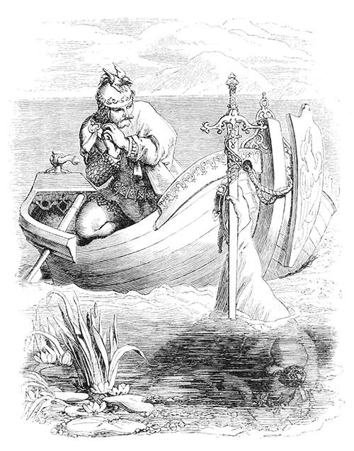 Arthur receives the sword Excalibur from the hand of the Lady of the Lake
