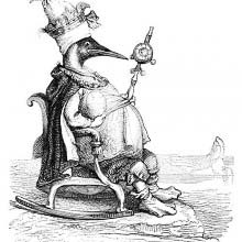 An auk wearing a tiara is sitting on a throne with a scepter in one hand and an egg in the other