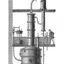 Cross section of a distillery showing Désiré Savalle's device for rectifying alcohol
