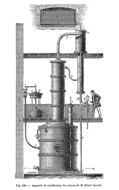 Cross section of a distillery showing Désiré Savalle's device for rectifying alcohol