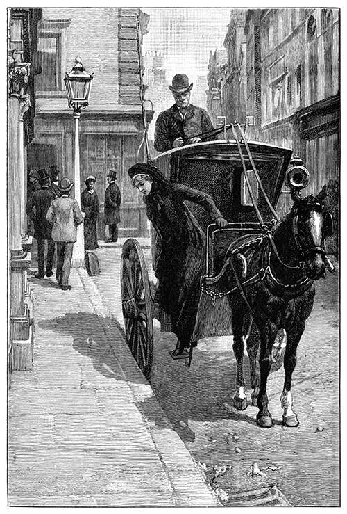 A woman steps out of a hansom cab
