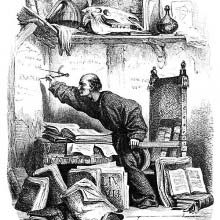A monk rises from his chair to write the Greek word ἀνάγκη on the wall facing him