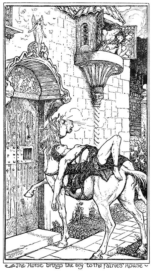 The horse brings the boy to the fairies' house