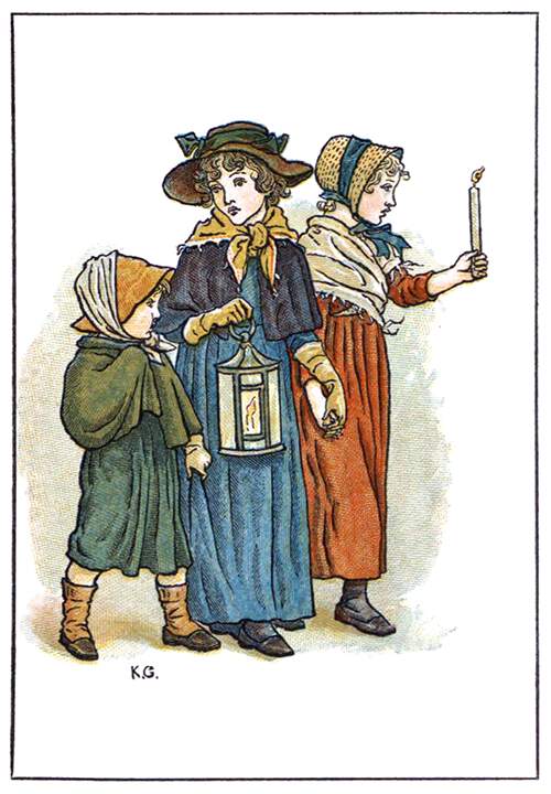 A woman and her two children are out carrying a candle and a lantern on All Saints' Day