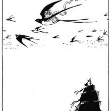 The swallow soared high into the air