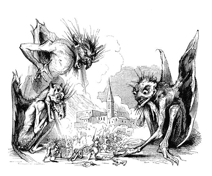 Three gigantic, monstrous devils revel in watching a human battle