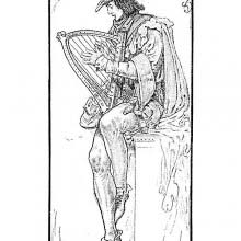 Portrait of Alan-a-Dale sitting and playing the Celtic harp