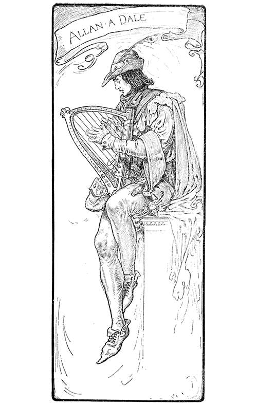 Portrait of Alan-a-Dale sitting and playing the Celtic harp
