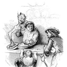 A baker weighs bread with the help of a devil