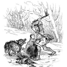 A man is about to strike a wolf with his ax