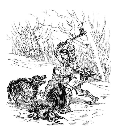 A man is about to strike a wolf with his ax