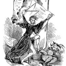 A frantic man wields a large pair of compasses