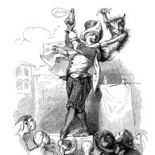 A snake oil seller addresses the audience with a demon on his shoulders