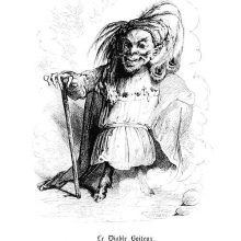 A smiling figure with goat's legs wears a cape and a turban and leans on a cane