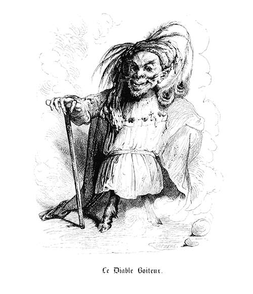 A smiling figure with goat's legs wears a cape and a turban and leans on a cane