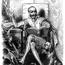 Portrait of Don Quixote sitting in an armchair with a book on his lap