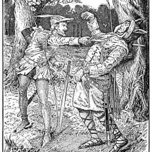 Robin Hood runs his sword through the body of a man