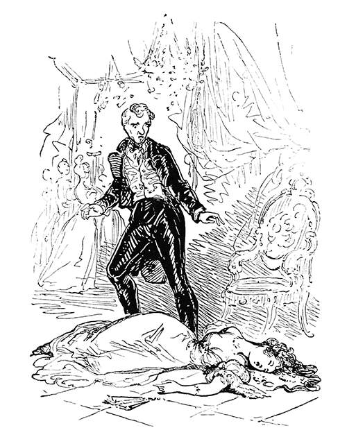 A man stands in shock before the unconscious body of a woman
