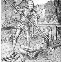 Robin hood has thrown his opponent off balance and hits him on the head
