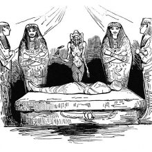 A shrouded mummy lies on a stone bed