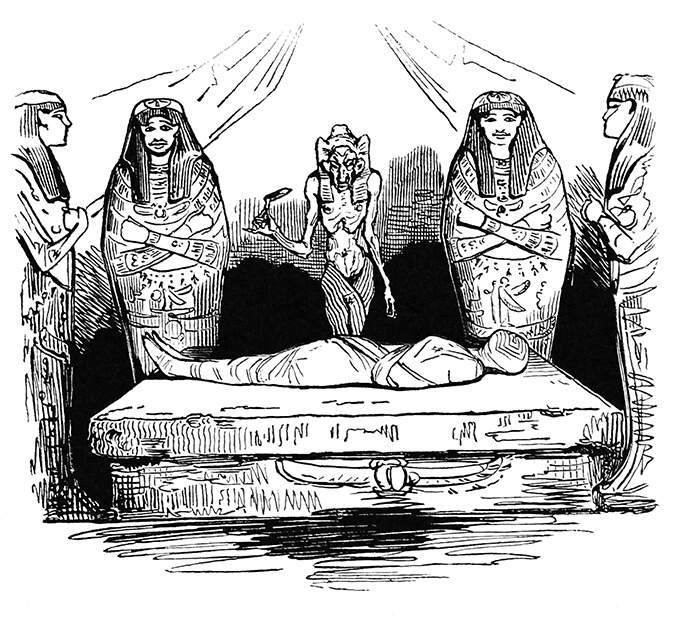 A shrouded mummy lies on a stone bed