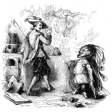 A man looks in astonishment at a small devil