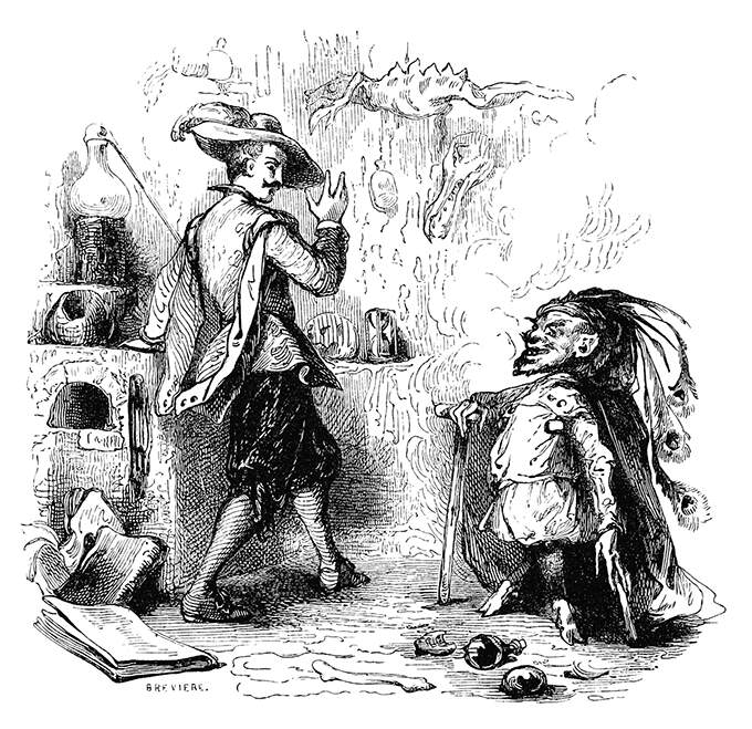 A man looks in astonishment at a small devil