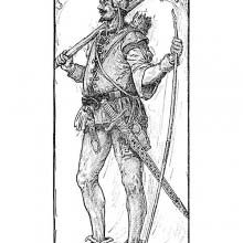 Portrait of Little John holding his bow in one hand and a staff in the other