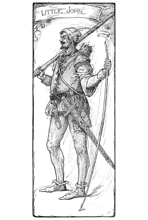 Portrait of Little John holding his bow in one hand and a staff in the other