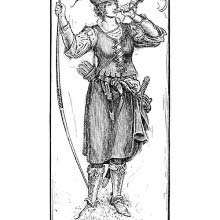 Portrait of Maid Marian blowing a horn and holding a bow