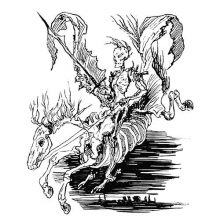 A skeleton man rides a skeleton horse