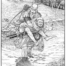 Friar Tuck with Robin on his back