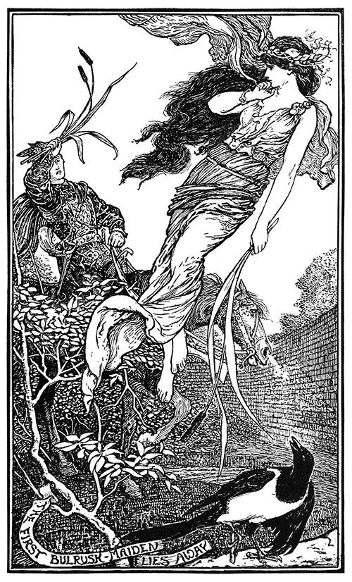 A woman with bulrush in her hand flies away from a walled garden