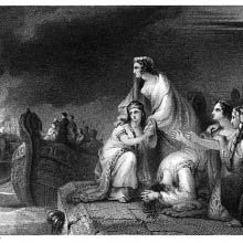 A group of women watche in dismay the city of Troy burn on the opposite shore