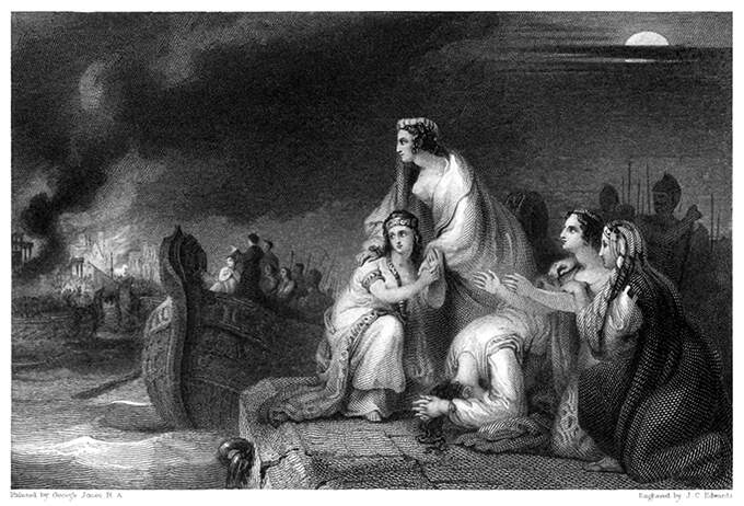 A group of women watche in dismay the city of Troy burn on the opposite shore