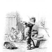 A cat puts on his gloves and gets ready to go out, ignoring the mice in the background