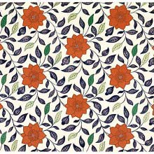 Reddish ochre floral design with a background of blue and green leaves