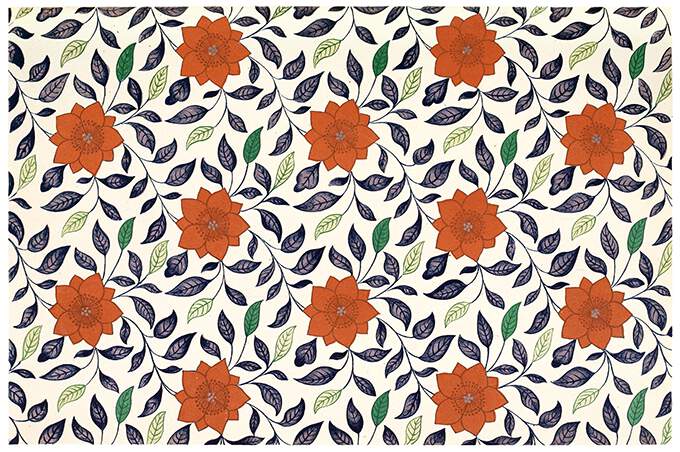 Reddish ochre floral design with a background of blue and green leaves
