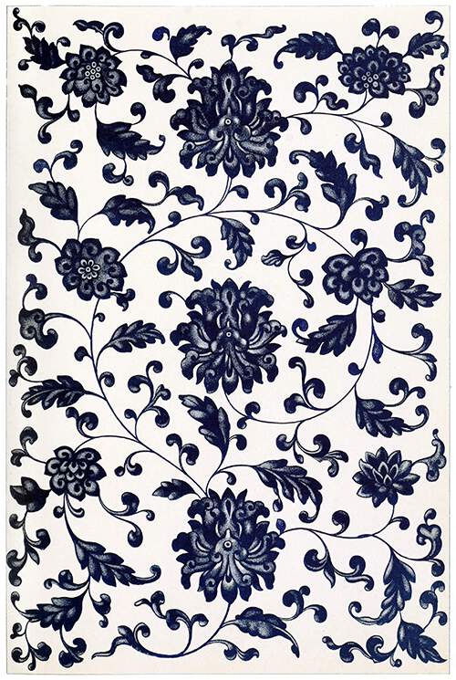 Pattern of blue flowers and leaves against a white background
