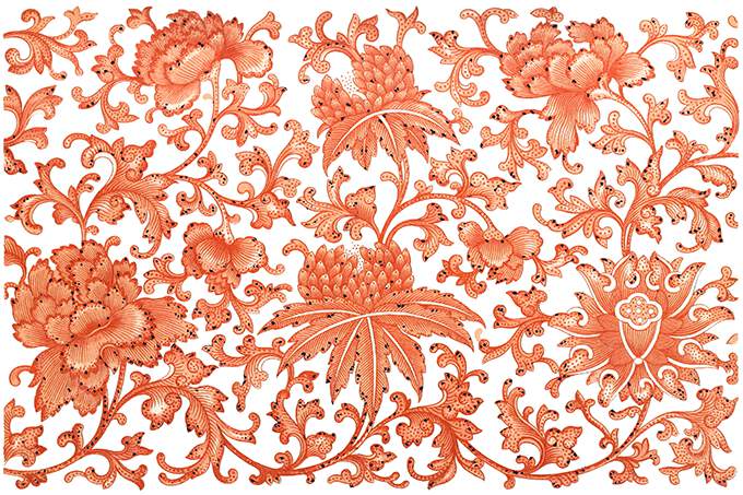 Floral design with convoluted decorative stems and leaves