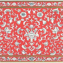 Ornamental leaves and flowers against a red background